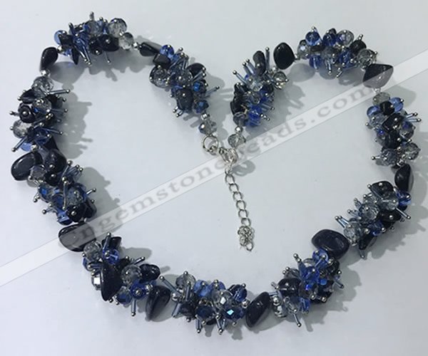 CGN412 19.5 inches chinese crystal & black agate chips beaded necklaces
