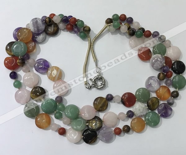CGN803 23.5 inches stylish 3 rows round & coin mixed gemstone necklaces