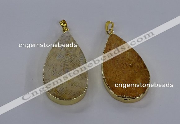 CGP3016 28*50mm flat teardrop fossil coral pendants wholesale