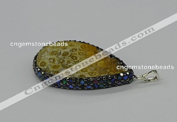 CGP3418 30*50mm - 35*55mm flat teardrop fossil coral pendants