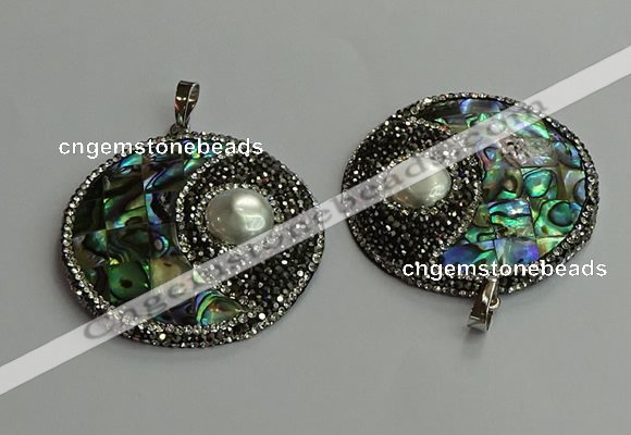 CGP710 45mm flat round abalone shell & shell pearl pendants