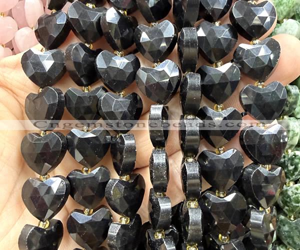 CHG378 15 inches 14mm faceted heart black obsidian beads