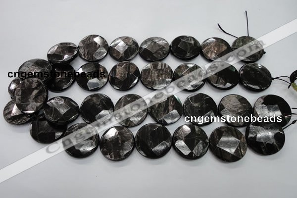 CHS22 15.5 inches 25mm faceted coin natural hypersthene beads