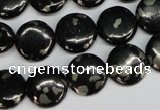 CJB158 15.5 inches 14mm flat round natural jet & pyrite gemstone beads