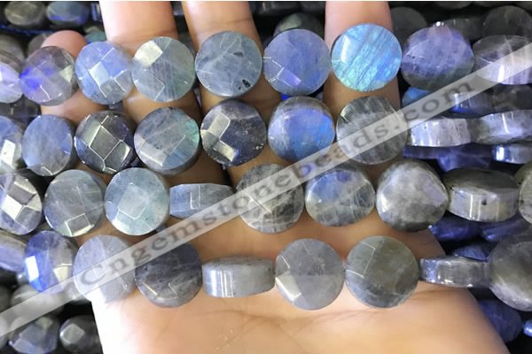 CLB1024 15.5 inches 14mm faceted coin labradorite gemstone beads