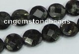 CLB305 15.5 inches 12mm faceted flat round black labradorite beads