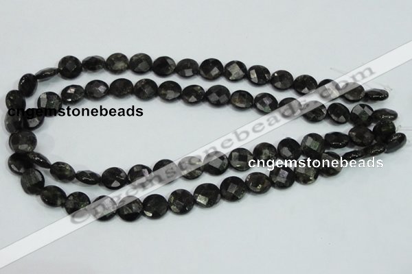 CLB305 15.5 inches 12mm faceted flat round black labradorite beads