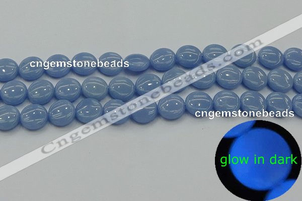 CLU132 15.5 inches 12mm flat round blue luminous stone beads