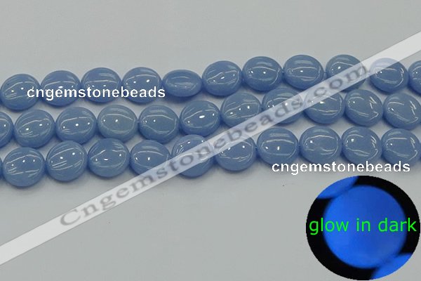 CLU133 15.5 inches 14mm flat round blue luminous stone beads