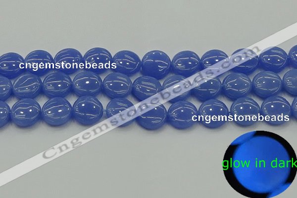 CLU173 15.5 inches 14mm flat round blue luminous stone beads