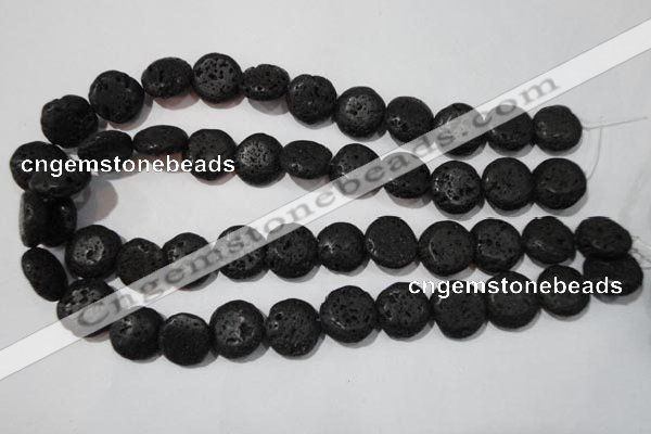 CLV498 15.5 inches 16mm flat round black lava beads wholesale