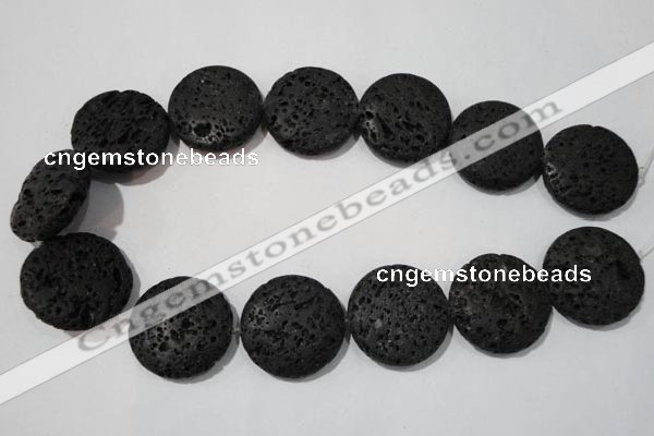 CLV502 15.5 inches 30mm flat round black lava beads wholesale