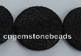 CLV51 15.5 inches 32mm flat round black natural lava beads wholesale