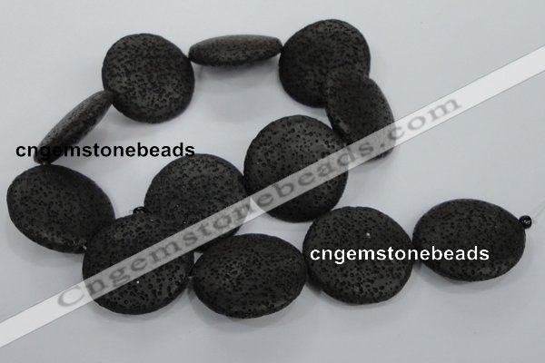 CLV51 15.5 inches 32mm flat round black natural lava beads wholesale