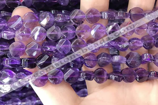 CNA1108 15.5 inches 8mm twisted & faceted coin amethyst beads