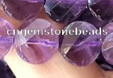 CNA1109 15.5 inches 10mm twisted & faceted coin amethyst beads