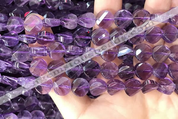 CNA1109 15.5 inches 10mm twisted & faceted coin amethyst beads