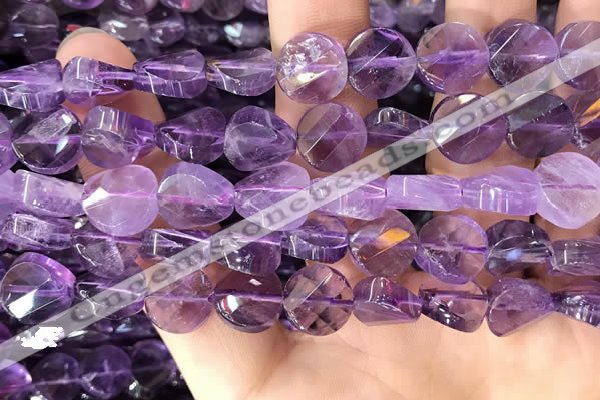 CNA1110 15.5 inches 12mm twisted & faceted coin amethyst beads