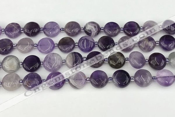 CNA1186 15.5 inches 12mm flat round amethyst beads wholesale