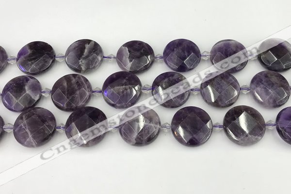 CNA1205 15.5 inches 20mm faceted coin amethyst gemstone beads