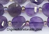 CNA1216 15.5 inches 8mm faceted coin amethyst gemstone beads