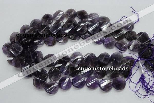 CNA45 15.5 inches 20mm twisted faceted coin grade A natural amethyst beads