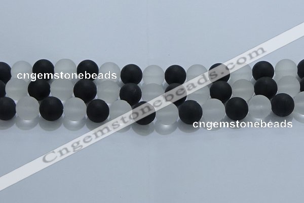 CNC114 15.5 inches 12mm round matte white crystal & black agate beads