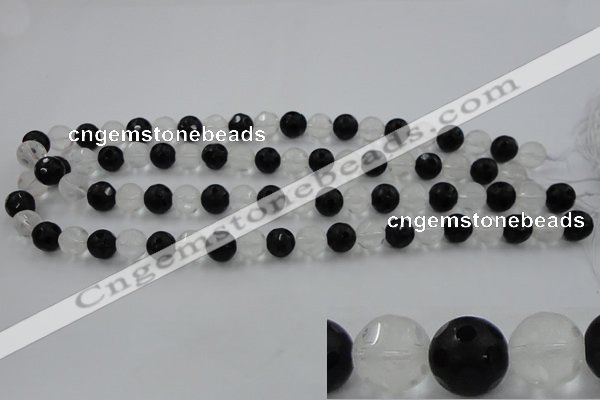 CNC87 15.5 inches 10mm carved round matte white crystal & black agate beads