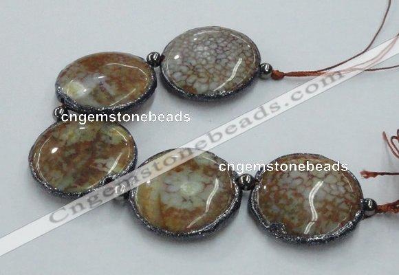 CNG2304 7.5 inches 35mm flat round agate beads with brass setting