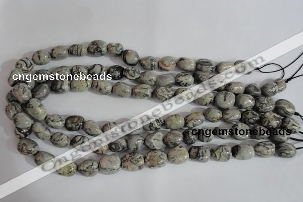 CNG557 15.5 inches 10*14mm nuggets grey picture jasper beads