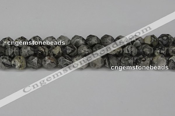 CNG6054 15.5 inches 12mm faceted nuggets grey picture jasper beads