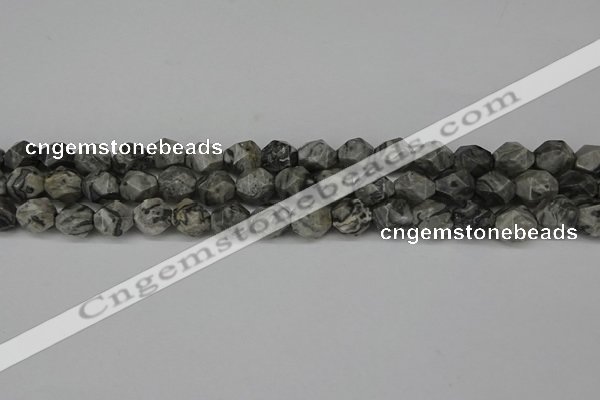 CNG6127 15.5 inches 8mm faceted nuggets grey picture jasper beads