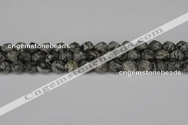 CNG6202 15.5 inches 10mm faceted nuggets grey picture jasper beads