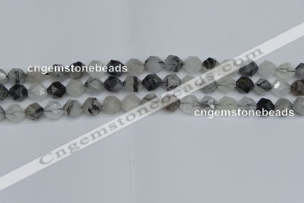 CNG7246 15.5 inches 8mm faceted nuggets black rutilated quartz beads