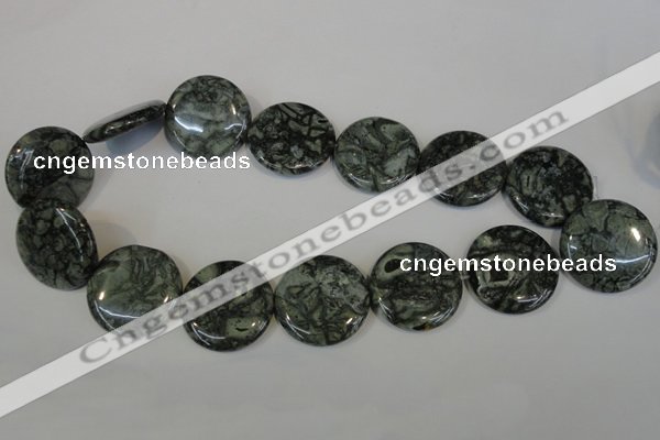 CNS425 15.5 inches 30mm flat round natural serpentine jasper beads