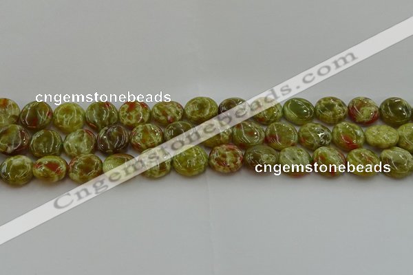 CNS624 15.5 inches 15mm flat round green dragon serpentine jasper beads