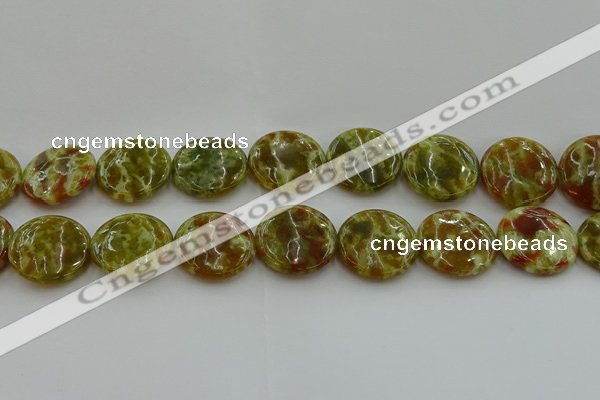 CNS627 15.5 inches 25mm flat round green dragon serpentine jasper beads