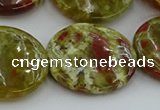 CNS628 15.5 inches 30mm flat round green dragon serpentine jasper beads