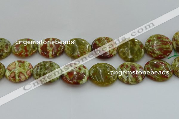 CNS629 15.5 inches 35mm flat round green dragon serpentine jasper beads