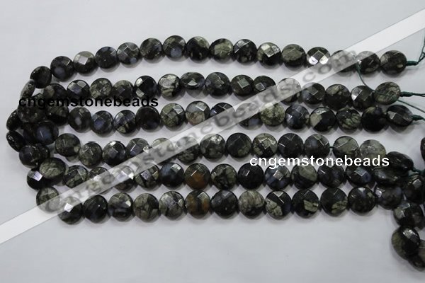 COP481 15.5 inches 12mm faceted coin natural grey opal beads