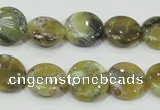 COP557 15.5 inches 14mm flat round natural yellow & green opal beads