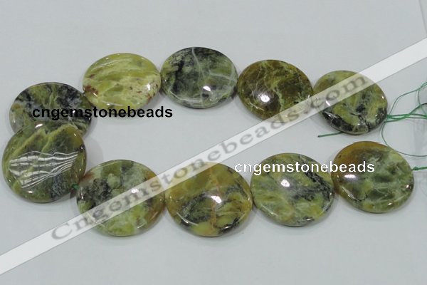 COP560 15.5 inches 40mm flat round natural yellow & green opal beads