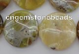 COP596 15.5 inches 25mm flat round natural yellow & green opal beads