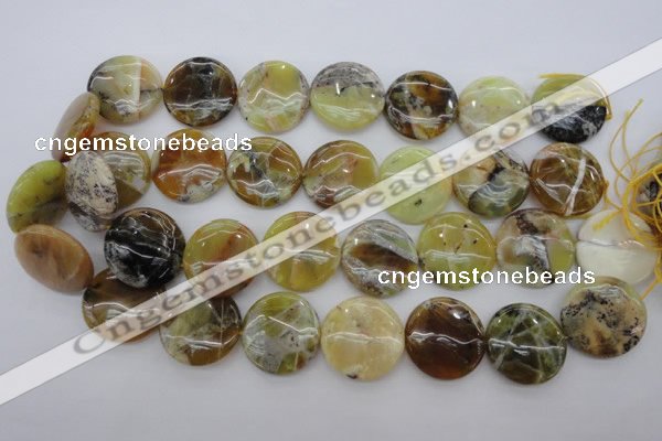 COP596 15.5 inches 25mm flat round natural yellow & green opal beads