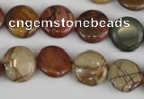 CPJ351 15.5 inches 14mm flat round picasso jasper gemstone beads