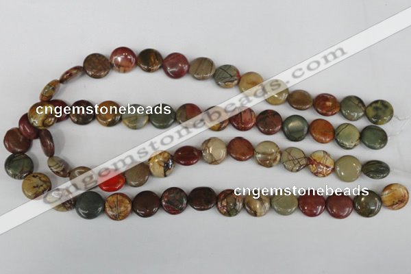 CPJ351 15.5 inches 14mm flat round picasso jasper gemstone beads