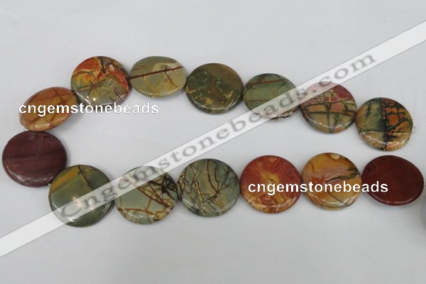 CPJ353 15.5 inches 30mm flat round picasso jasper gemstone beads