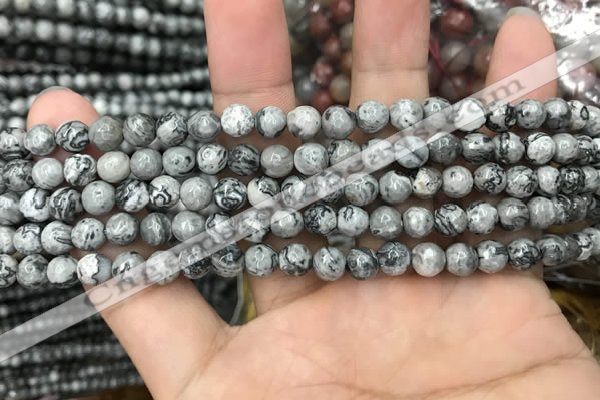 CPJ641 15.5 inches 6mm faceted round grey picture jasper beads