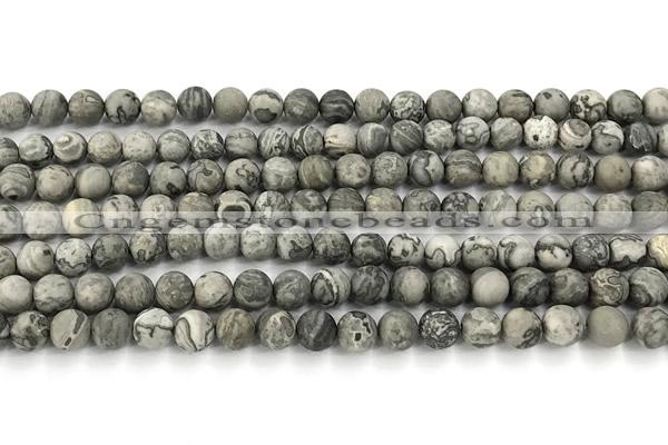 CPJ741 15 inches 6mm round matte grey picture jasper beads