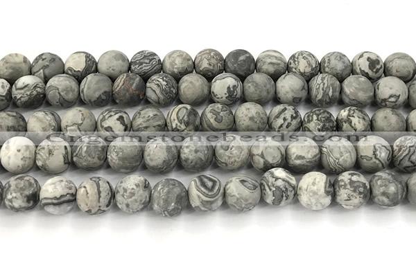 CPJ744 15 inches 12mm round matte grey picture jasper beads